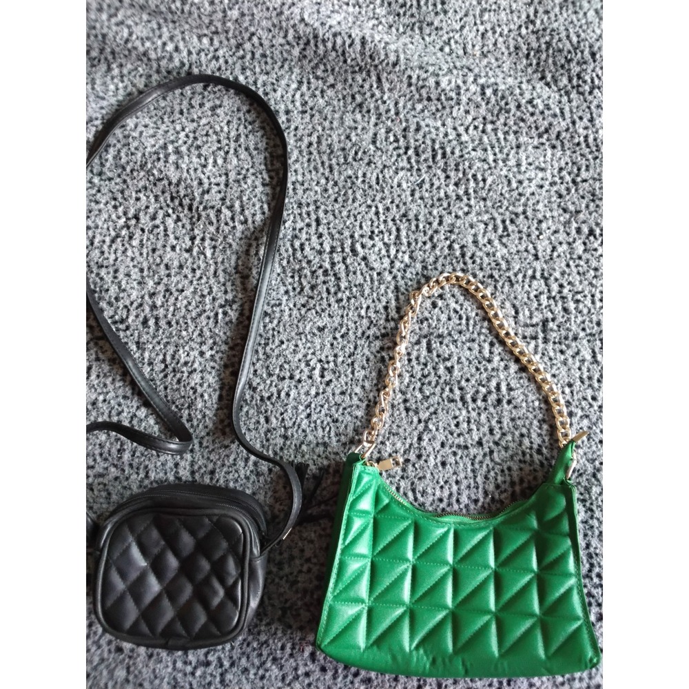 Quilted Handbag Bundle Green Chain Shoulder Bag and Black Crossbody Purse Set
